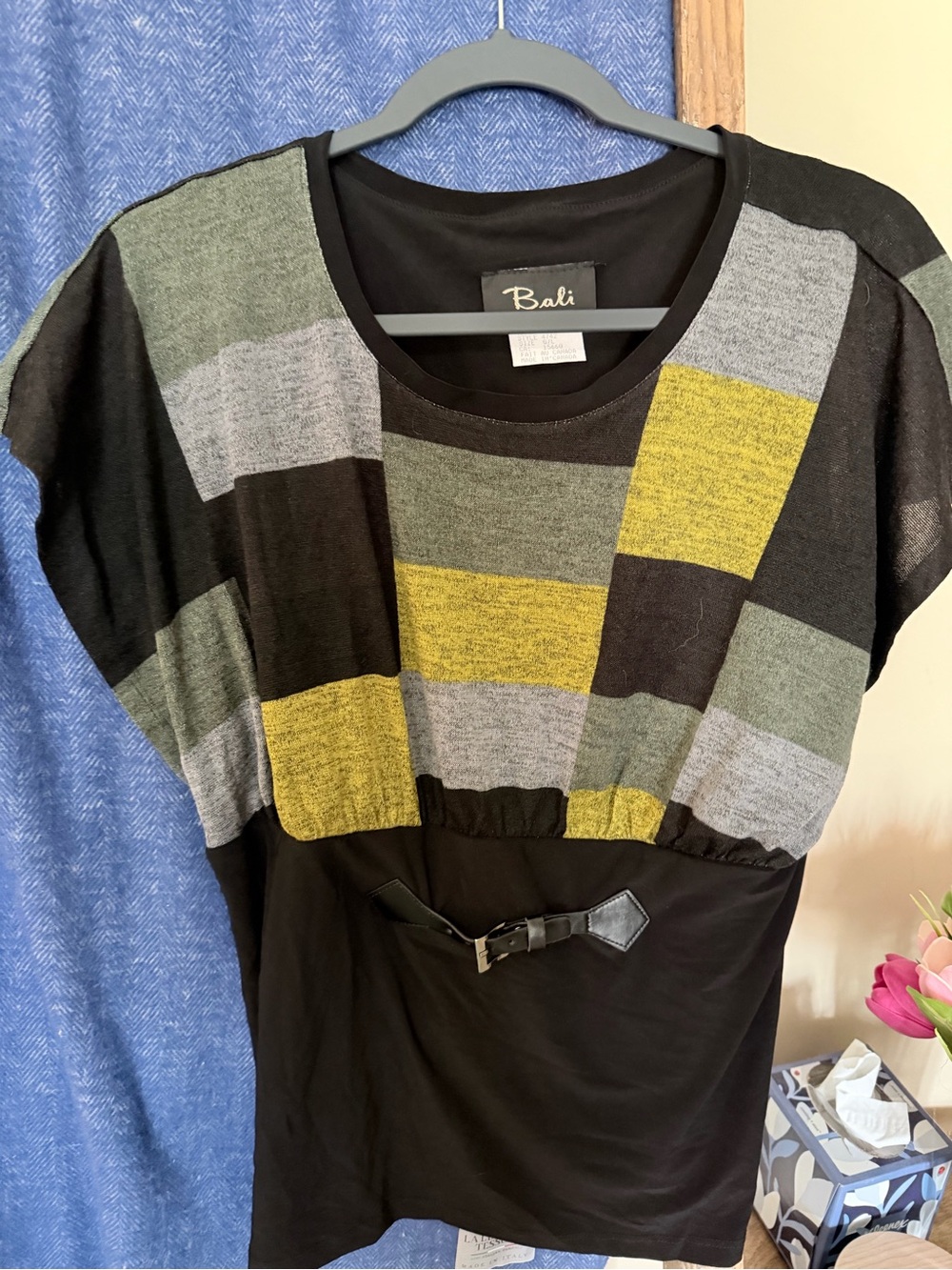Bali Black Knit Short-Sleeve Top with Olive, Gray and Mustard Blocks